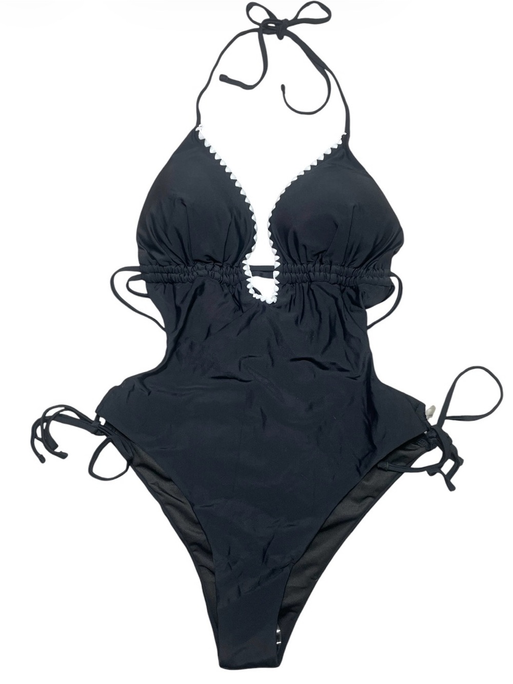Black Halter One-Piece Plunge Swimsuit with White Trim and Open Back